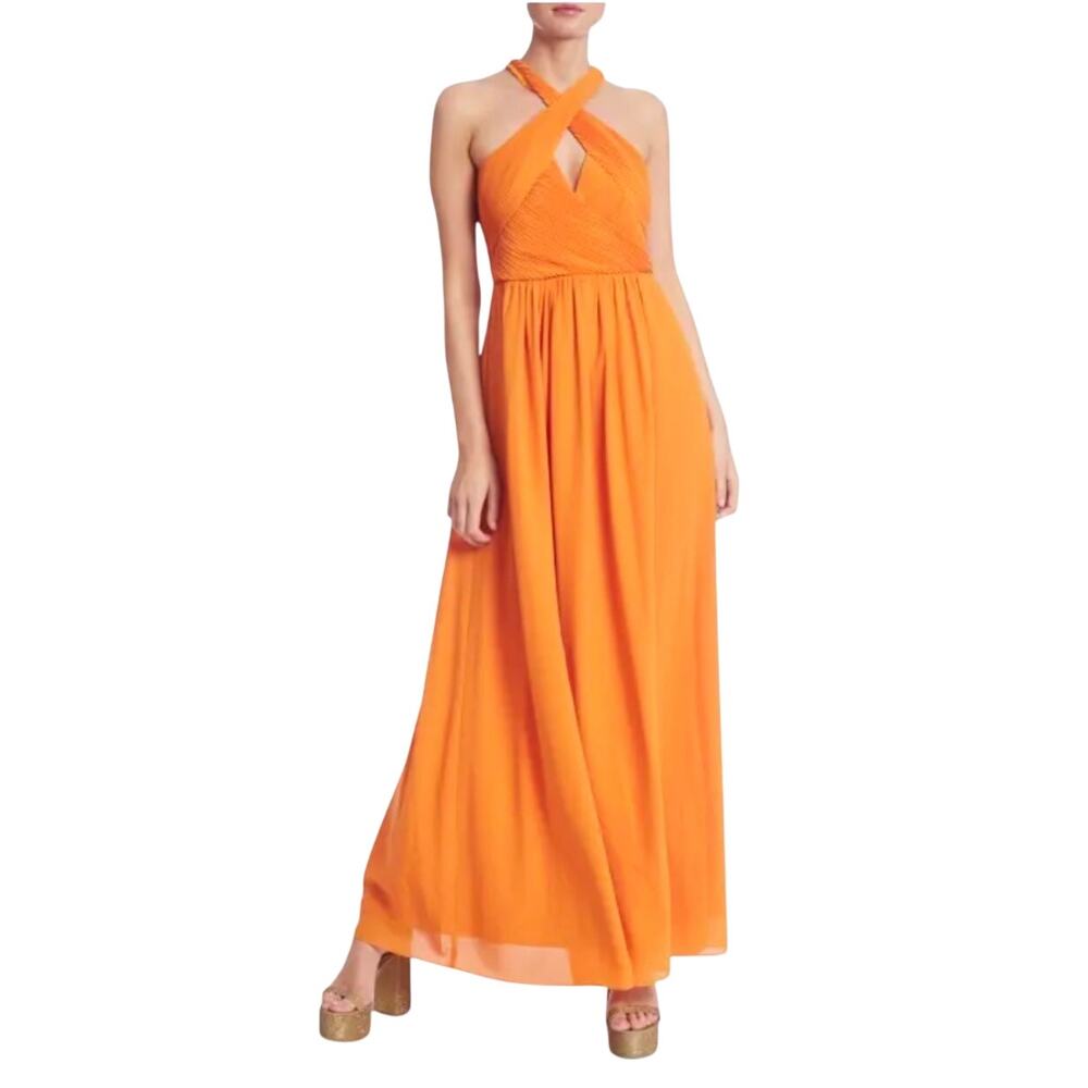 One33 Social Pleated Chiffon Halter A-Line Evening Gown Orange Size 4 Maxi Dress